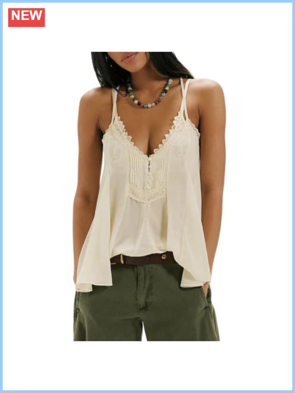 Yaykio Lace Trim Chiffon Camisole Adjustable Straps V Neck Flowy Summer Tank Top